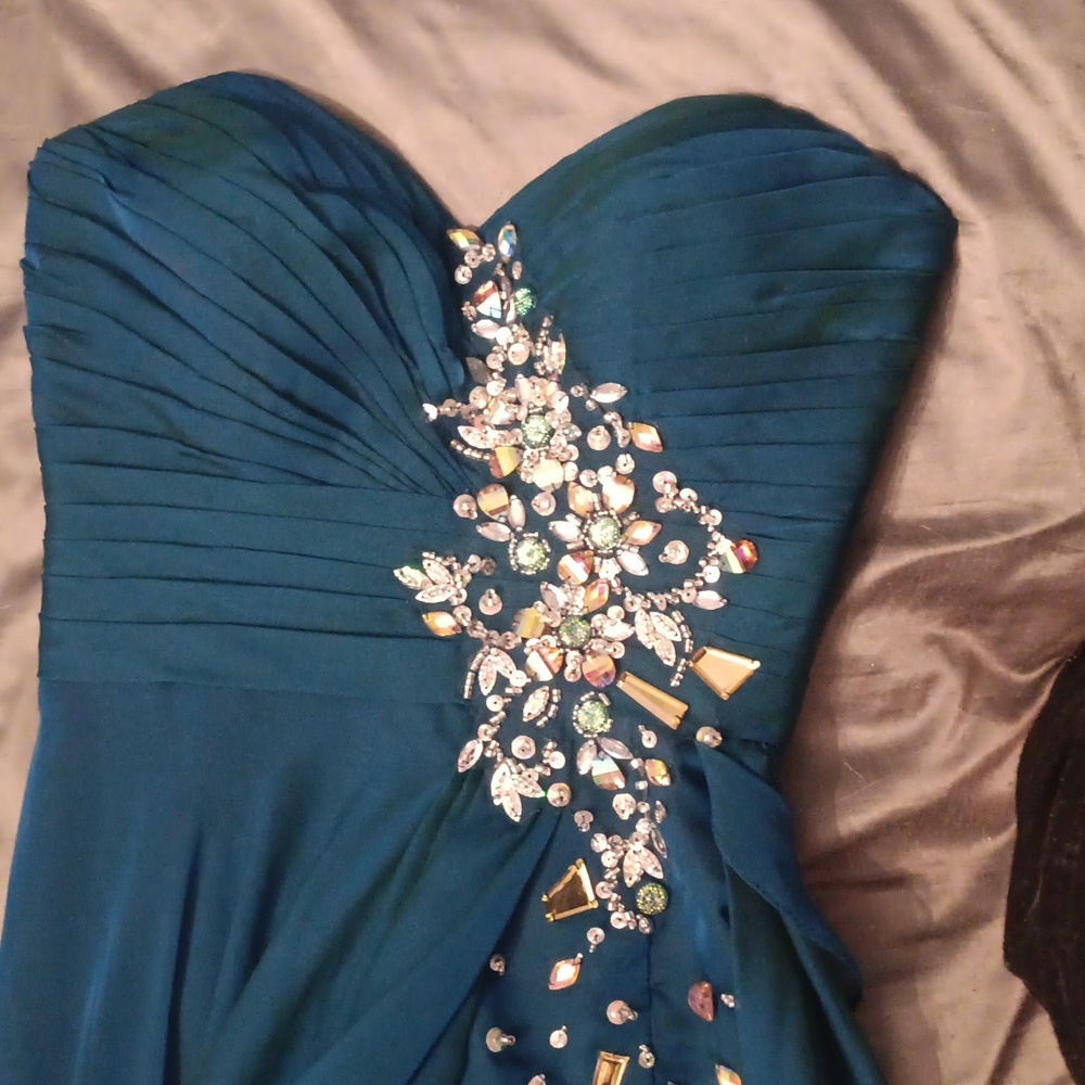 Blue iridescent, strapless, detailed gown